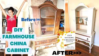 Modern farmhouse China Hutch make over |The ugly duckling challenge | white china cabinet redo DIY