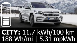 Skoda Enyaq 85x Coupe: CITY energy power consumption economy test range mpkWh kWh/100 km urban Wh/mi