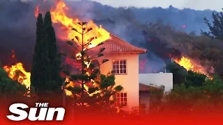 La Palma volcano – Drone view of molten lava destroying homes forcing 5k to flee