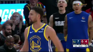 Klay Thompson stares down Dillon Brooks after draining a three on him 👀