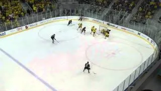 Kenney Morrison shatters the glass at Yost Arena