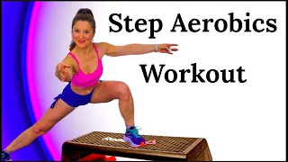 STEP AEROBICS WORKOUT. LOW IMPACT BEGINNER-INTERMEDIATE STEP UP EXERCISE, with STRETCHING. Stepper