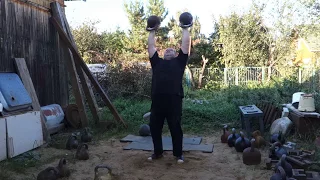 40+40 KG KETTLEBELLS DOUBLE HAND TO HAND TOSSING AND PRESS ПАРНЫЙ ЖИМ НА ЛАДОНЯХ ДВУХ ГИРЬ 40+40КГ