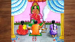 Maa lakshmi puja drawing easy step by step/Lakshmi puja scenery drawing colours