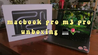 macbook pro 14" m3 pro 512gb (space black) aesthetic unboxing 💻🌱 setup, customisation + accessories