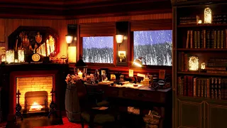 Ambience inside a Victorian train cabin on a rainy day for sleeping, studying, focus, reading