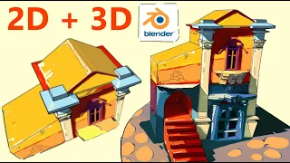 Blender NPR Texture Painting And Grease Pencil process - Stylized Architecture 2D/3D Artwork