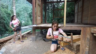 Poor girl alone in the forest Build LOG CABIN, building house, wooden Wall - Farm life off grid