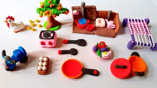 diy how to make polymer clay miniature village house, bathroom set,kitchen set, tree, charpai,