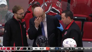 Lindy Ruff Hit By Puck - 1/25/2024