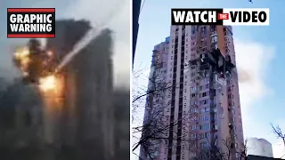 Terrifying moment Russian missile hits civilian building in Kyiv, Ukraine