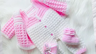 BEAUTIFUL BABY SET with Sweater Cardigan, Overalls, Hat and Booties CROCHET PATTERN various sizes