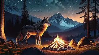 Nighttime Serenity: Relaxing Music with Campfire and Wolf in the Mountains