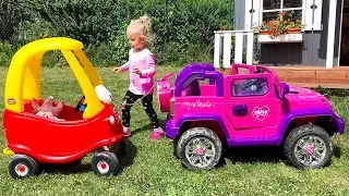 Little Girl Elis Ride On Pink Jeep Power Wheel with Cozy Coupe Little Tikes and Dolls Crew