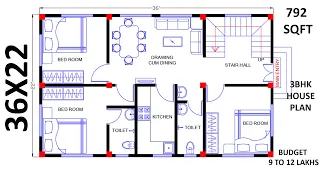 36X22 HOUSE PLAN || 36X22 BUILDING PLAN || 792 SQFT GHAR KA NAKSHA || 3 BHK HOUSE PLAN