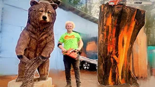 MASSIVE  Life Size GRIZZLY BEAR,  Mind-Blowing  Chainsaw Wood Carving