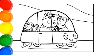 Peppa Pig Family in the Neno Car Drawing and Coloring | How to Coloring Peppa Family Easy