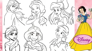 Disney Princesses TOGETHER Coloring Page ANNA SNOW WHITE ARIEL ELSA JASMINE Coloring Compilation