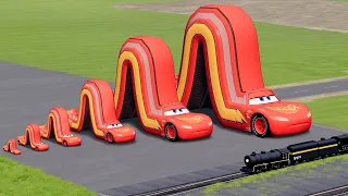 Big & Small Long Articulated Lightning Mcqueen vs Trains | BeamNG.Drive