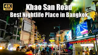 [4K🇹🇭] Bangkok Thailand | Night Walk in Khao San Road | Street of backpacker | Feb 2023 // 60fps