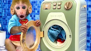 Baby Monkey BonBon Eats Gummy Candy and Washes Clothes at Home - Crew BonBon