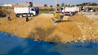 New Project! Amazing Powerful bulldozer started Pushing Soil stone into water fill the land with....