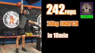 242reps Snatch 28kg kettlebell in 10min by Denis Vasilev