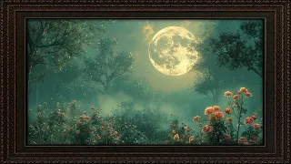 Framed TV Moon and Flowers with soft, ambient music