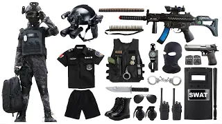 Special police weapon toy set unboxing, M416 automatic rifle, AK47, tactical helmet, Glock pistol