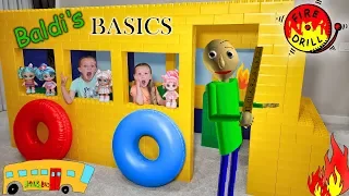 Baldi's Basic in Real Life Fire Drill on Giant Lego Fort School Bus With Kindi Kids!!