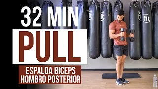 Rutina PULL con mancuernas  🔥 mejores ejercicios ESPALDA BICEPS y HOMBRO POSTERIOR en casa