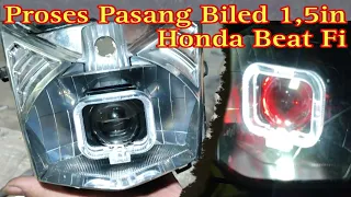 pasang lampu proji biled 1,5in di motor honda beat fi, relay lampu biled dan saklar piw piw passbeam