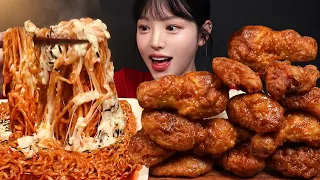 Crispy Honey Combo Fried Chicken with Spicy Buldak Fire Noodles Mukbang ASMR