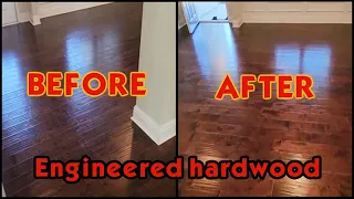 Restoring Engineered hardwood floors full of residue & recoating with Semi-gloss finish