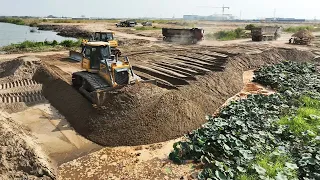 New Project Sand Filling Up Power Bulldozer Pushing Clearing Sand Dump Truck Unloading Sand