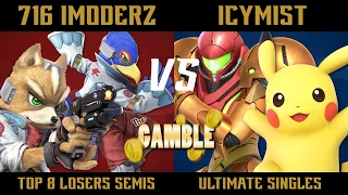The Gamble Top 8 Losers Semi Finals - 716 iModerz (Fox, Falco) vs. IcyMist (Samus, Pikachu) - SSBU