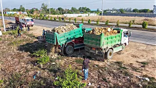 First start a new project!! Dump truck unloading soil With Mini Bulldozer