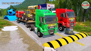 Double Flatbed Trailer Truck vs speed bumps|Busses vs speed bumps|Beamng Drive|482