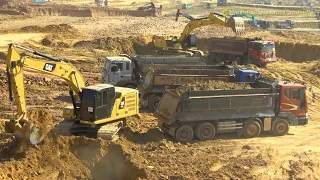 New Model Cat 320 Excavator Digging Soil Loading Dump Trucks.
