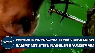 NORDKOREA: Militärparade von Kim Jong-un! Total irres Video! Mann rammt mit Stirn Nagel in Baumstamm