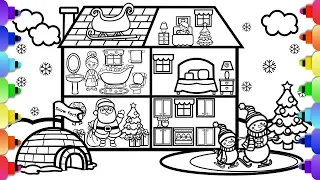 💚🏡Learn to Draw and Color a Fun Christmas House with Santa, Snowmen and a Christmas Tree 🎅⛄🎄💗