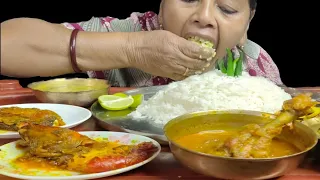 BIGBITES।EATING RICE WITH DAL,ALUVAJA,,PALONGSHAK AND KATLA KALIA,GOLDA CHINGRIR JHAL AND CHICKEN ।।