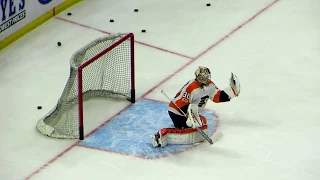 Neuvirth and Elliott during pre-game warm-up at the Flyers @ Senators hockey game