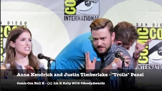 Justin Timberlake and Anna Kendrick hug time at Comic-Con 2016 Trolls Panel