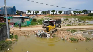 Best New Project Best Road Near the fence by Bulldozer Push Soil with Truck Unloading Soil in Water