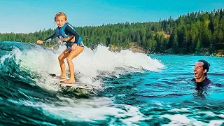 WAKE SURF LESSONS FOR KIDS - Baby and 5yr old Swim Routine in Deep Lake.