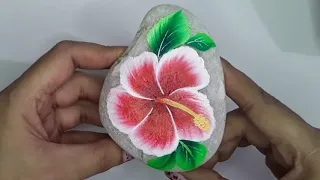 How to Paint One Stroke Hibiscus Flower On Stone / Rock | Step By Step Acrylic Painting Tutorial