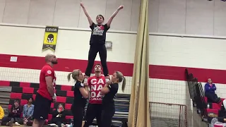 Level 1 cheerleading stunt sequence with multiple variations and movement