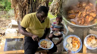 Cooking stew chicken dumpling banana with my daughter  Outdoor