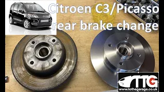How to change a Citroen C3 Picasso  rear brake disc / rotor and wheel bearing.